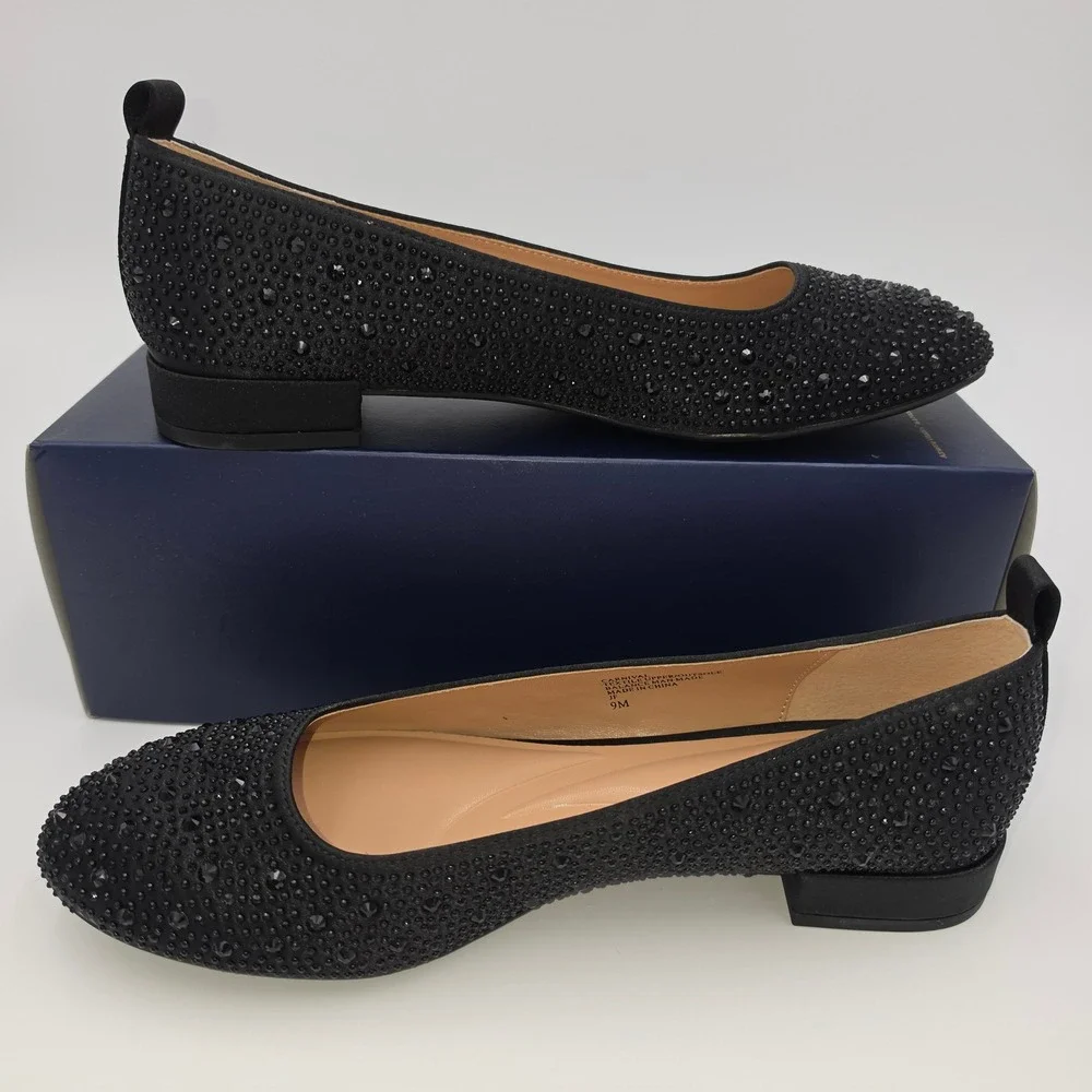 Adrienne Vittadini Carnival Black Satin Rhinestone Flats Shoes 9M 3W25F023 NWB